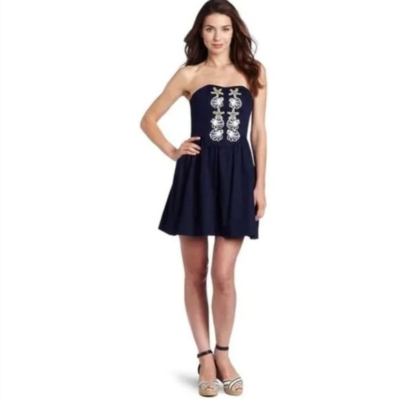 Lilly Pulitzer Mayfield Strapless Mini Dress Navy Starfish Seashell Size 4 - Picture 2 of 15